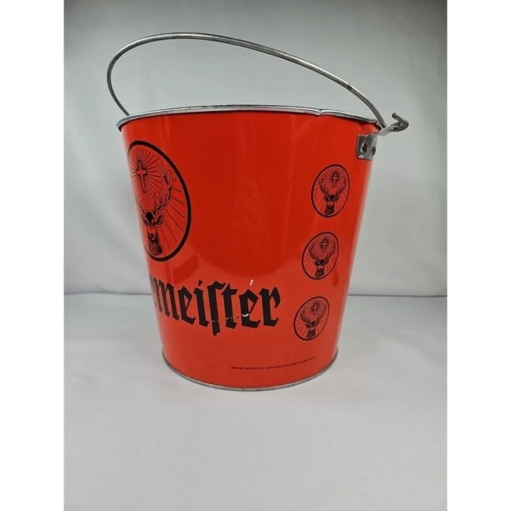 Vintage Collectible Jagermeister Ice Bucket Orange Metal Handle Barware Man Cave